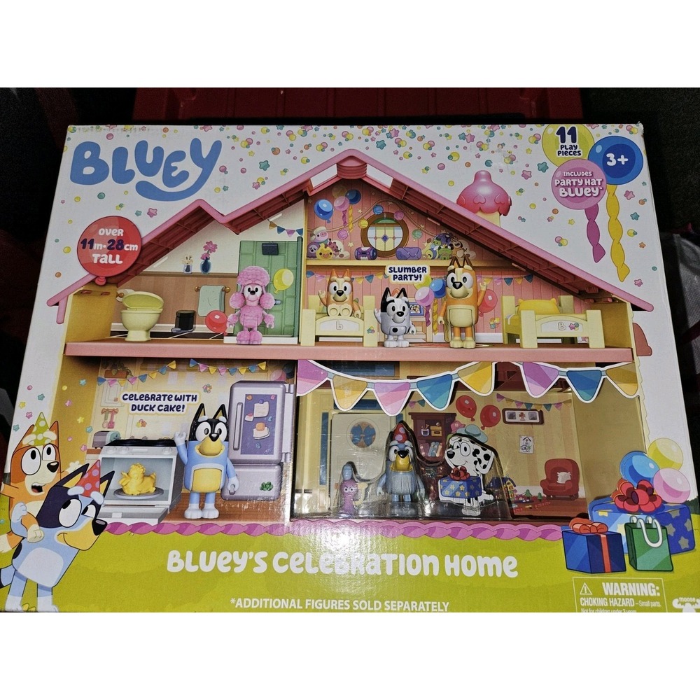 Bluey's Celebration Home‎ Playset. Figure, 11 Accs. New Box Little Dented